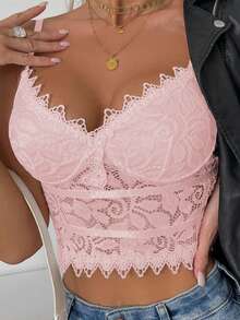 Camiseta de tirantes con adorno de encaje rosa, esencial para el verano - Rosa - Ver 4