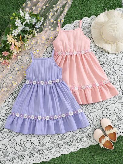 3-7 Years Old Girls' Summer Cami Dress 2 Pieces Set, Daisy Embroidery Trim, Sweet & Cute Minimalist Comfortable, Ideal For Outings, Vacations, Suitable For Casual Or Special Occasions