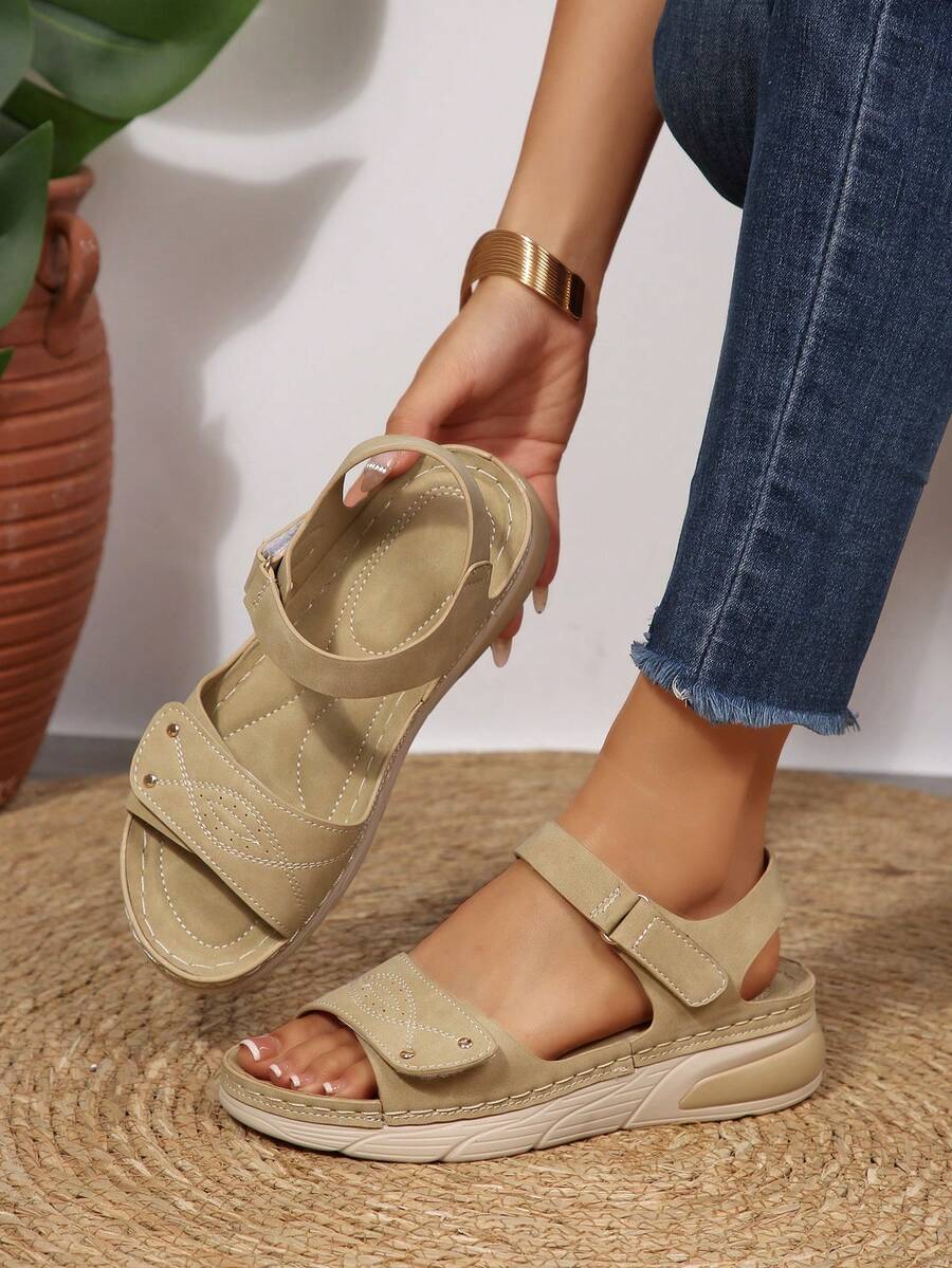 2025 New Summer Plus Size Casual Sandals For Women, One-Strap Peep Toe Comfortable Cross-Border Sandals - Khaki - View 1