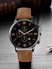SOKI SOKI 1 pièce Montre d'homme avec fonction calendrier, cadran rond à la mode, mouvement à quartz, bracelet en PU, convient pour un port quotidien, cadeau d'anniversaire, fête, rassemblement de vacances, cadeau idéal pour vous-même ou vos amis. Aucune boîte d'emballage incluse. - Tabac - Voir 3