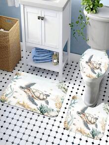 Bộ 4 món đồ dùng phòng tắm cao cấp họa tiết rùa san hô dưới nước, bao gồm rèm tắm, 12 móc nhựa, thảm chống trượt phòng tắm, nắp bồn cầu hình chữ U, phụ kiện trang trí phòng tắm hiện đại. - A - Xem 7