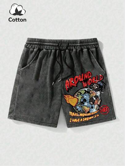 加大码男士弹力腰带抽绳休闲夏季百搭字母印花水洗短裤