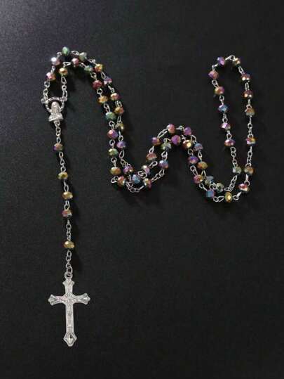 1pc Fashionable Crystal Cross & Rose Rosary Necklace, Suitable For Women's Daily & Date Wear