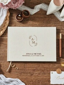 个性化亚麻婚礼宾客签名册 - 可定制姓名和字母。高品质手工婚礼纪念册。独特而理想的礼物，适合情侣、周年纪念日、情人节、母亲节、生日、儿童节、父亲节、毕业典礼等多种场合。 - 彩色 - 查看 3
