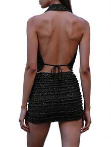 Women Sequin 2 Piece Outfit Sparkly Bodycon Sleeveless Halter Crop Top Split Mini Skirt Set Going Out Club Suit - 黑色 - 查看 2