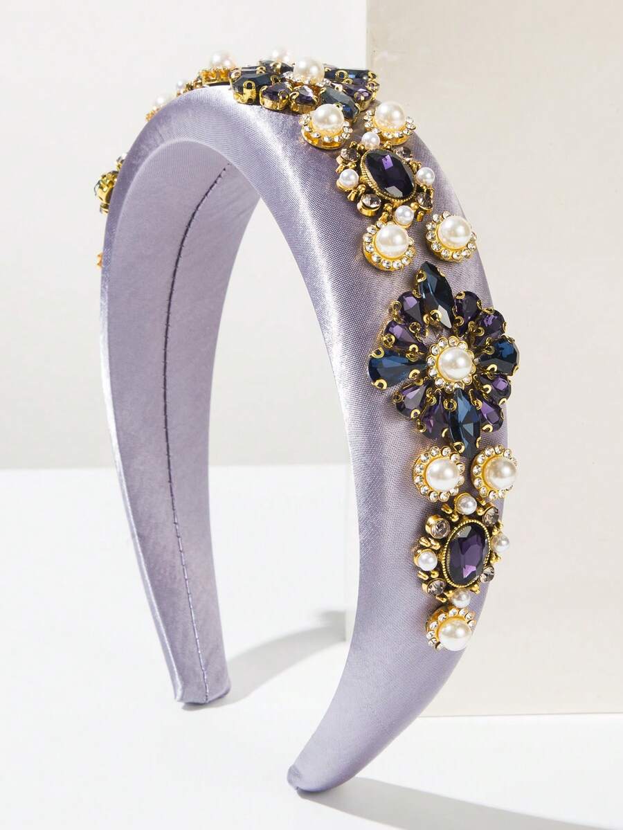 1pc Korean Fashion Elegant Satin Fabric Sponge Wide-Brimmed Headband, Luxury Rhinestone Faux Pearl Decor, High-Quality Versatile Headpiece For Women,Summer,Hair Accessaries,Holiday