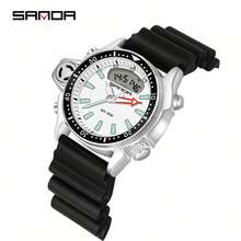SANDA. SANDA Men's Retro Sports Electronic Watch, Dual Display Dial, Multi-Function Digital Wristwatch, Suitable For Outdoor And Daily Wear - Silver - View 9