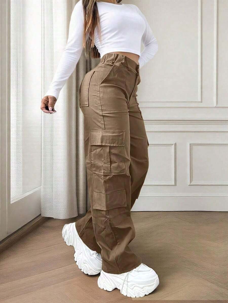 Brown Multi-Pocket Buttoned Casual Y2K Leisure Elegant And Cute Work Pants. Suitable For Back-To-School, Clubs, Birthday Parties, Halloween, New Year, Thanksgiving, Concerts, Gyms, Beaches, Vacations, Business, Daily Airport Wear, Street Style, Teacher's Day, Spring, Summer, Autumn And Winter. - 棕色 - 查看 1
