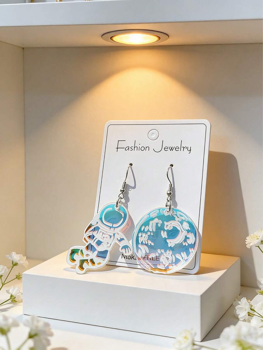 1 Đôi bông tai hình phi hành gia Cyberpunk mặt trăng, mặt dây chuyền acrylic óng ánh ba chiều, trang sức cá tính theo phong cách Y2K dành cho nữ