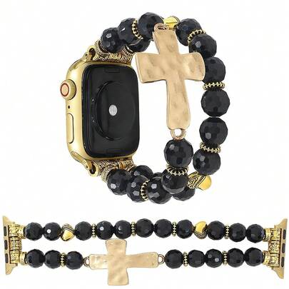 1条十字串珠弹力表带，适合日常佩戴或宗教装饰，适用于38/40/41/42/44/45/46/49毫米表盘，兼容 Series Ultra/SE/11/10/9/8/7/6/5/4/3/2/1