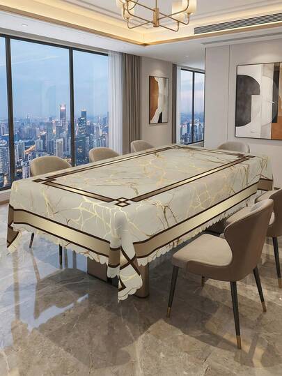 1 pieza Mantel de mesa con estampado de veta de oro elegante, cubierta de mesa de poliéster resistente, con borde festoneado, resistente a las manchas, impermeable, lavable y sin arrugas, protector de mesa confiable, ideal para todo tipo de ocasiones, bodas, banquetes, cenas festivas, decoración del hogar, un artículo imprescindible para la mesa y la cocina