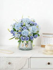 Buquê de hortênsias artificiais bordadas em seda, 1 peça, 29 cm (11,41 polegadas), rosas artificiais de chá para vaso de casamento na primavera, decoração de casa, sala de jantar, quarto, feriados, festa de aniversário, jardim externo, presente de Dia dos Namorados, decoração de baile de formatura. - Azul - Ver 8