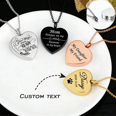 Dây chuyền đựng tro cốt thú cưng khắc tên theo yêu cầu, mặt dây chuyền hình trái tim bằng thép không gỉ, trang sức tưởng niệm dành cho người thân và thú cưng.