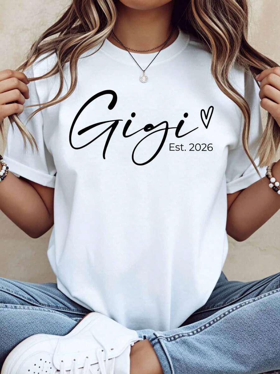 White Crewneck T Shirt Gigi Est 2026 Heart Print Casual Everyday Wear, 220g - 白色 - 查看 1