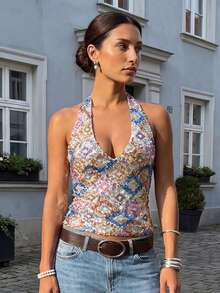 Tops de mujer con cuello halter y lentejuelas, sin mangas, con espalda descubierta y corte ajustado, ideales para el verano. - gris plateado - Ver 3