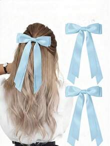 Bộ 2 kẹp tóc nơ xanh dương dành cho nữ, kẹp tóc nơ bằng ruy băng satin, thích hợp cho tiệc tùng, trường học và các dịp khác. - Màu xanh nhạt - Xem 1