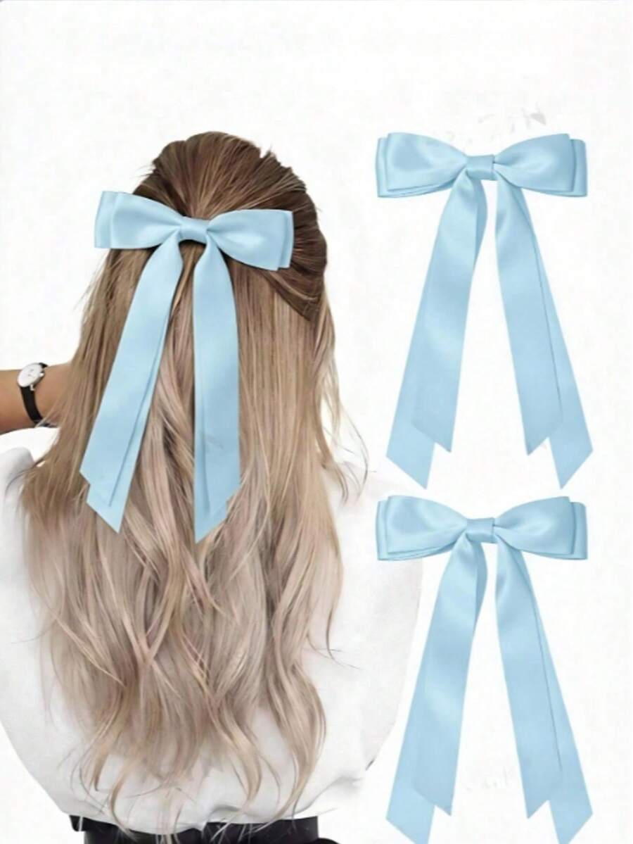 Bộ 2 kẹp tóc nơ xanh dương dành cho nữ, kẹp tóc nơ bằng ruy băng satin, thích hợp cho tiệc tùng, trường học và các dịp khác. - Màu xanh nhạt - Xem 1