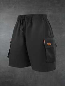 Men's Outdoor Multi-Pocket Khaki Shorts, Leather Label, Drawstring Waist Sports - Black - View 1