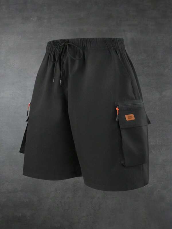 Men's Outdoor Multi-Pocket Khaki Shorts, Leather Label, Drawstring Waist, Suitable For Daily Life, Fitness, Walking, Hiking, Camping, Black Summer Version