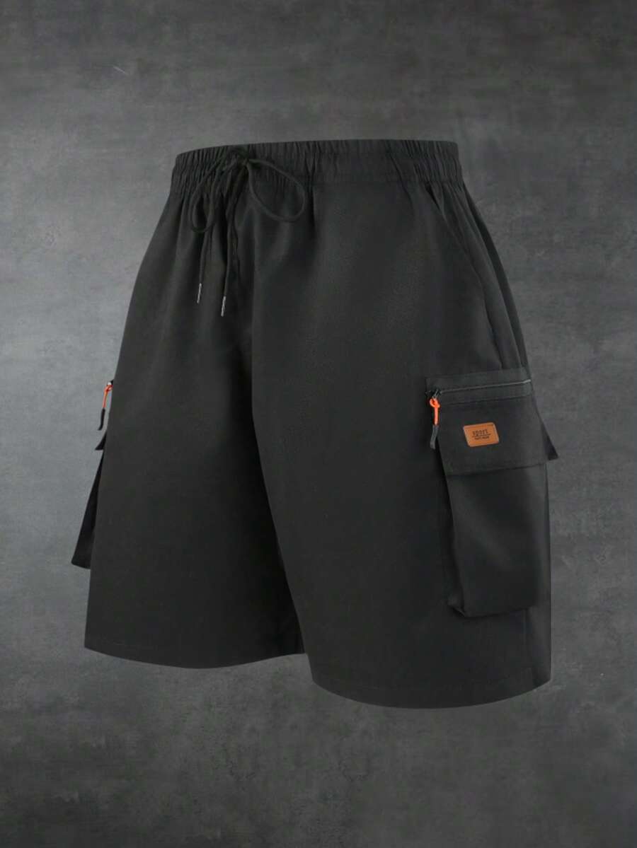 Men's Outdoor Multi-Pocket Khaki Shorts, Leather Label, Drawstring Waist Sports - Black - View 1