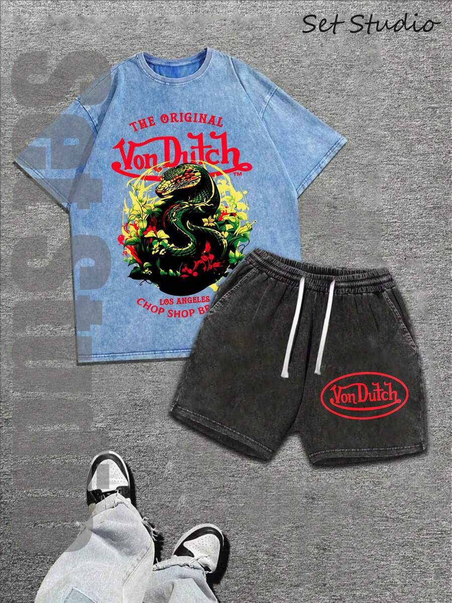 Mens Creative T-Shirt And Shorts Set American Vintage Full Print Street Wear Essential T-Shirt Set Men Graphic T-Shirt And Shorts Set With Dragon And Von Dutchs Logo Print Washed Look For Casual Outfits And Urban Style - 藍色和黑色 - 查看 1