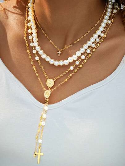 4件套多层十字珍珠项链，女士款 - 多层高档项链