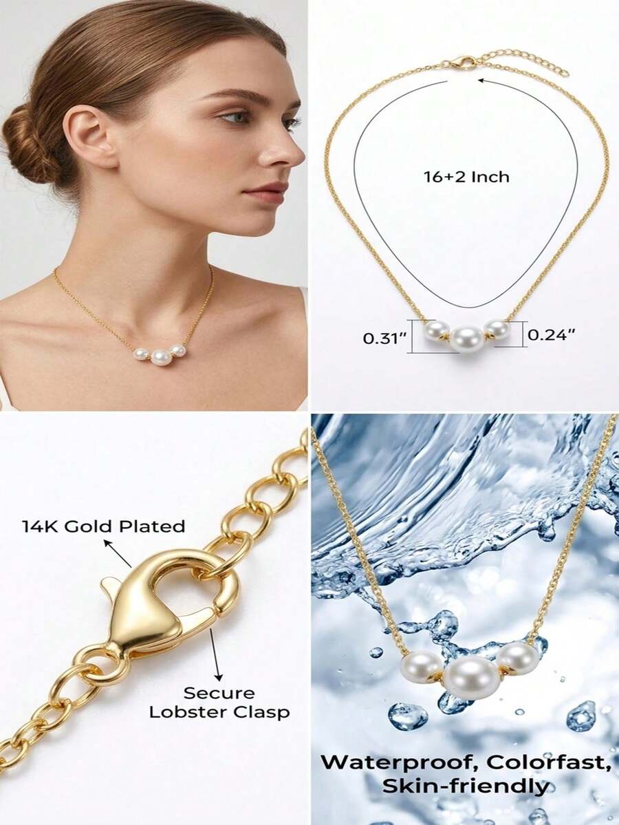 1pc 14K Gold Plated Elegant Faux Pearl Necklace, Adjustable 16+2 Inch Chain, Non-Fading & Lead-Free Jewelry For Women - White - View 1