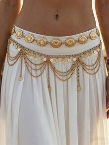 2 pièces Chaîne de taille style bohème vintage à plusieurs couches avec design de pétales de marguerite et pièces d'or, chaîne de taille sexy à franges arabes, convient pour la plage, les vacances, les fêtes, Halloween, le campus d'automne - Doré - Voir 1