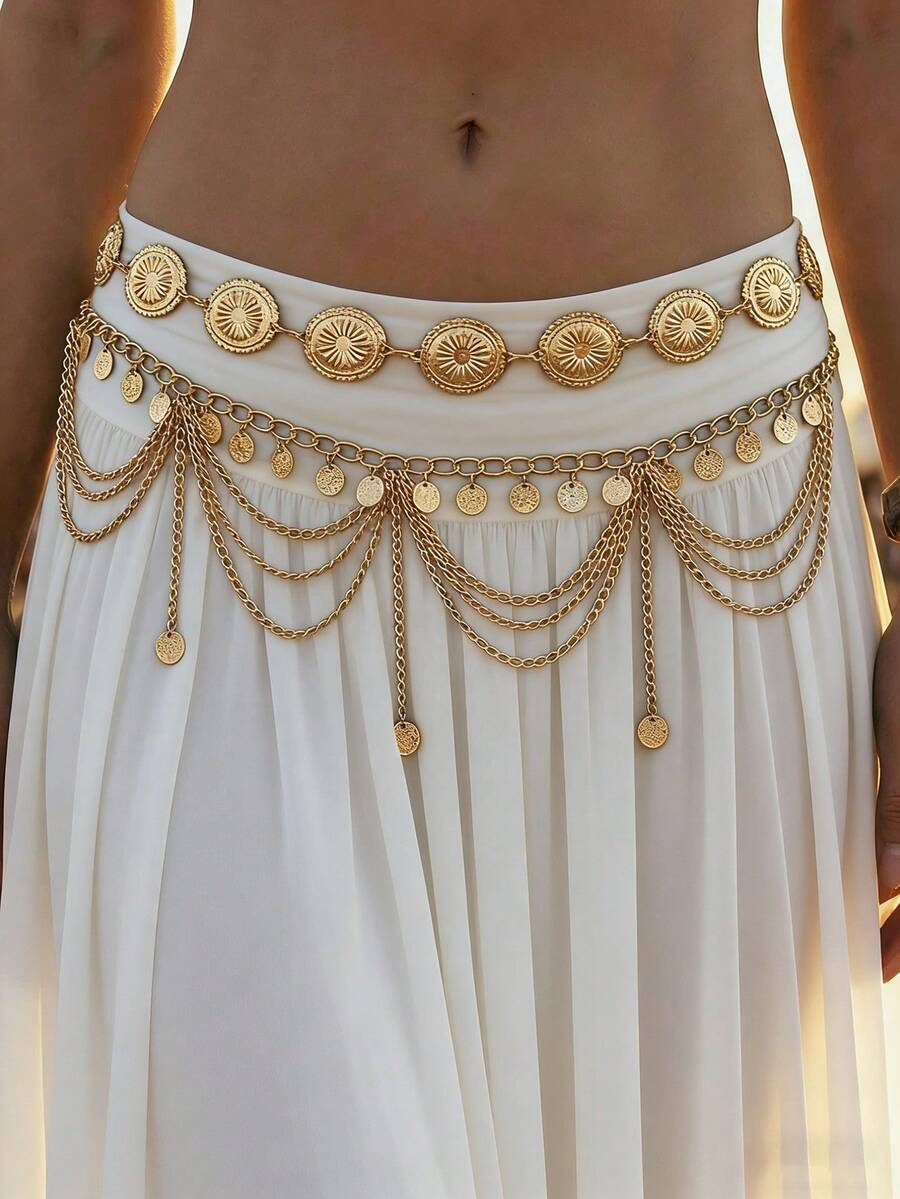 2 pièces Chaîne de taille style bohème vintage à plusieurs couches avec design de pétales de marguerite et pièces d'or, chaîne de taille sexy à franges arabes, convient pour la plage, les vacances, les fêtes, Halloween, le campus d'automne - Doré - Voir 1