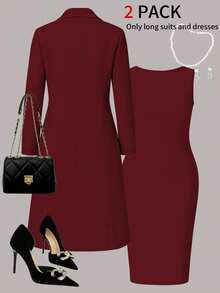 Plus Size Women's New Elegant 2-Piece Set, Solid Color Minimalist Versatile Long Cardigan Jacket + Sleeveless Bodycon Midi Dress, Suitable For Commuting, Spring/Autumn/Winter - Burgundy - View 4
