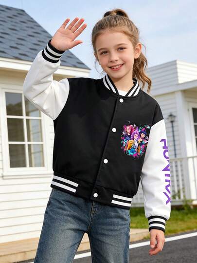 Girls' Fashionable And Cute Cartoon Pattern Hunter Hooded Sweatshirt, Long-Sleeved Zip-Up Hooded Jacket