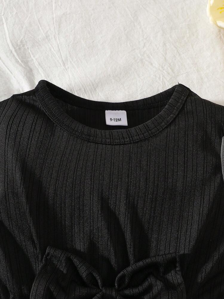 1件女婴休闲蝴蝶结柔软舒适针织拼接花卉图案网纱泡泡短袖连体衣，适合户外穿着，春夏款 - 彩色 - 查看 3