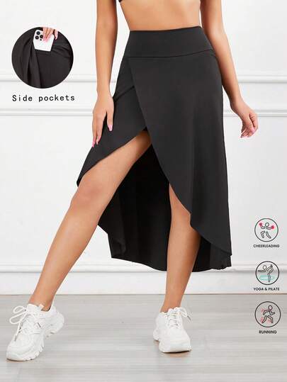 Women's High Waist Slit Pocket Casual Solid Color Skirt, Breathable Fabric, Comfortable & Fashionable, Versatile For Outdoor, Sports, Dance, Autumn/Winter