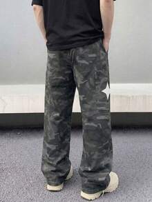 男士时尚迷彩工装裤，户外休闲阔腿裤，个性化迷彩印花宽松街头服饰 - 深灰色 - 查看 4