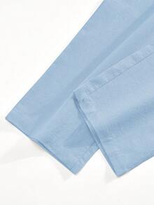 1 Set Men's Lightweight Loose Fit Summer Outfit: Light Blue Long Sleeve Button-Up Collared Shirt + Straight Leg Pants (Note: Linen Fabric May Wrinkle Easily And Have Slight Transparency, Please Consider Before Purchasing. Refer To Size Chart In Details) - Baby Blue - View 7