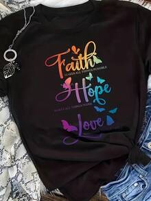 Camiseta de manga corta para mujer, talla grande, cuello redondo casual con estampado de Fe, Esperanza y Amor, tejido de punto de poliéster, ligeramente elástica, top ligero de verano, moderna y cómoda - Negra - Negro - Ver 1