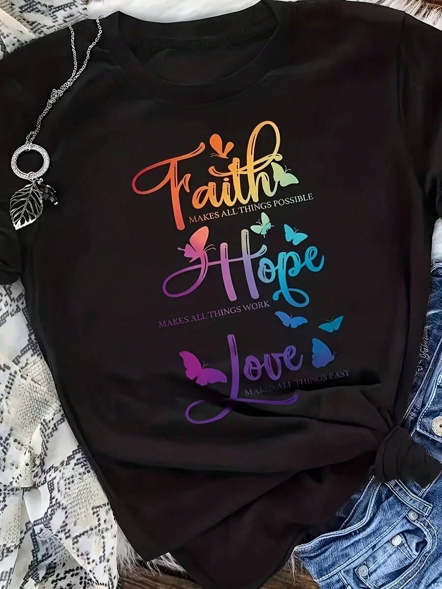 Camiseta de manga corta para mujer, talla grande, cuello redondo casual con estampado de Fe, Esperanza y Amor, tejido de punto de poliéster, ligeramente elástica, top ligero de verano, moderna y cómoda - Negra - Negro - Ver 1
