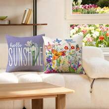Spring Summer Bird Butterfly Floral Purple Throw Pillow Covers 18x18 Set Of 4 Hello Sunshine Home Sweet Home Farmhouse Cushion C - 灰色2件 - 查看 3