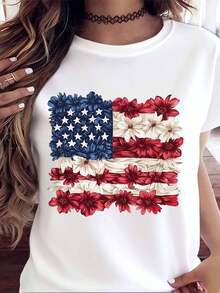 Floral American Flag Print T-Shirt Patriotic Design For Independence Day Celebration, 220g - trắng - Xem 2