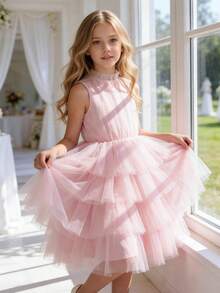 Tween Girl Sleeveless Tulle Princess Party Dress, Suitable For Birthday Party, Wedding Flower Girl, Formal Occasion, Holiday Dress - Pink - View 5