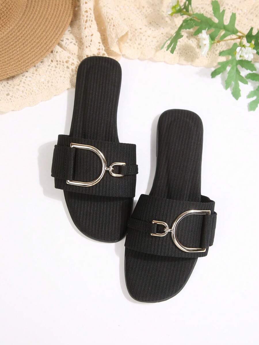 韩版休闲平底拖鞋，女鞋，露趾，套脚式，春夏新品，女士时尚一体式平底凉鞋，波西米亚风沙滩度假鞋，可调节搭扣，家居服 - 黑色 - 查看 1