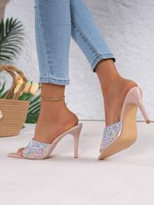 Spring/Summer Women Sequins Decor Mules, PVC Stiletto Heeled Glamorous Sandals - Pink - View 5