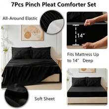 Queen Comforter Set Black 7 Pieces Pintuck Bed in A Bag Premium Black Comforter Queen Size Pinch Pleat Bedding Sets with Comforter Sheets Pillowcases and Shams - Negro - Ver 6