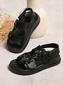 3-12岁女童幼儿沙滩凉鞋，透气防滑软底夏季鞋 - 黑色 - 查看 1