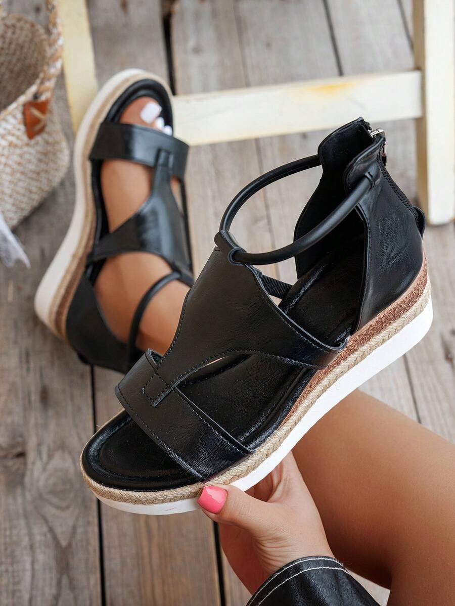 New Casual Hemp Rope Woven Wedge Platform Roman Sandals, Black Open Toe Hollow Out Holiday Sandals For Women