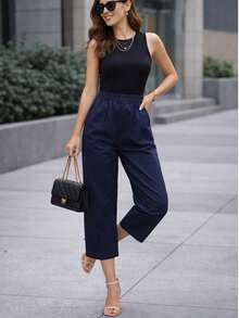 Pantalón dama mujer cintura elástica delgado y fresco para verano de moda casual unicolor - Azul Marino - Ver 4