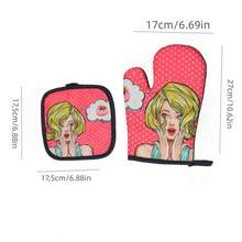 Bộ găng tay lò vi sóng in kỹ thuật số hình nữ đầu bếp, miếng lót dày chịu nhiệt, găng tay nướng và miếng lót nồi chịu nhiệt in hình. - Nhiều màu - Xem 3