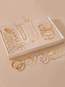 Conjunto de joyería metálica asimétrica para mujer, que incluye collar, aretes, anillo, pulsera y tobillera - Amarillo Oro - Ver 8