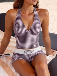 Bộ bikini nữ màu nâu kẻ caro năm 2026 với áo hai dây, đồ bơi thể thao phong cách retro, phụ kiện cần thiết cho bãi biển, phong cách nghỉ dưỡng thành thị. - màu cà phê trắng - Xem 5