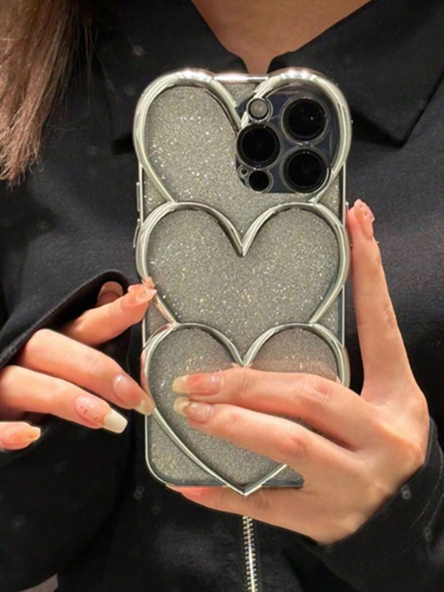 镀金爱心图案苹果13 Pro Max手机壳，兼容苹果11，保护套 - 無色 - 查看 1
